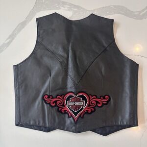 Barneys Leather Womens Black Biker Vest Harley Davidson Patch Heart Wing Medium